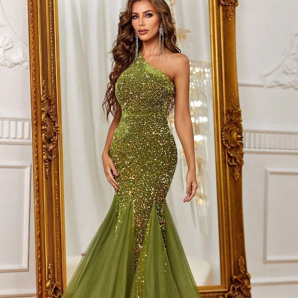 Olive Preppy Womens One Shoulder Sequin Formal Dress - Picture 5 of 5
